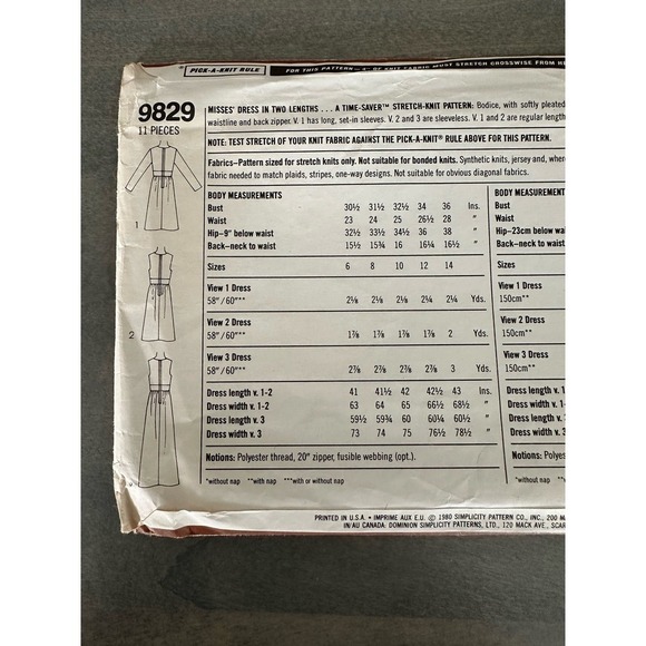 Simplicity Vintage Cut Misses Dress in Two Lengths Size 10 Pattern No 9829 - Picture 4 of 7